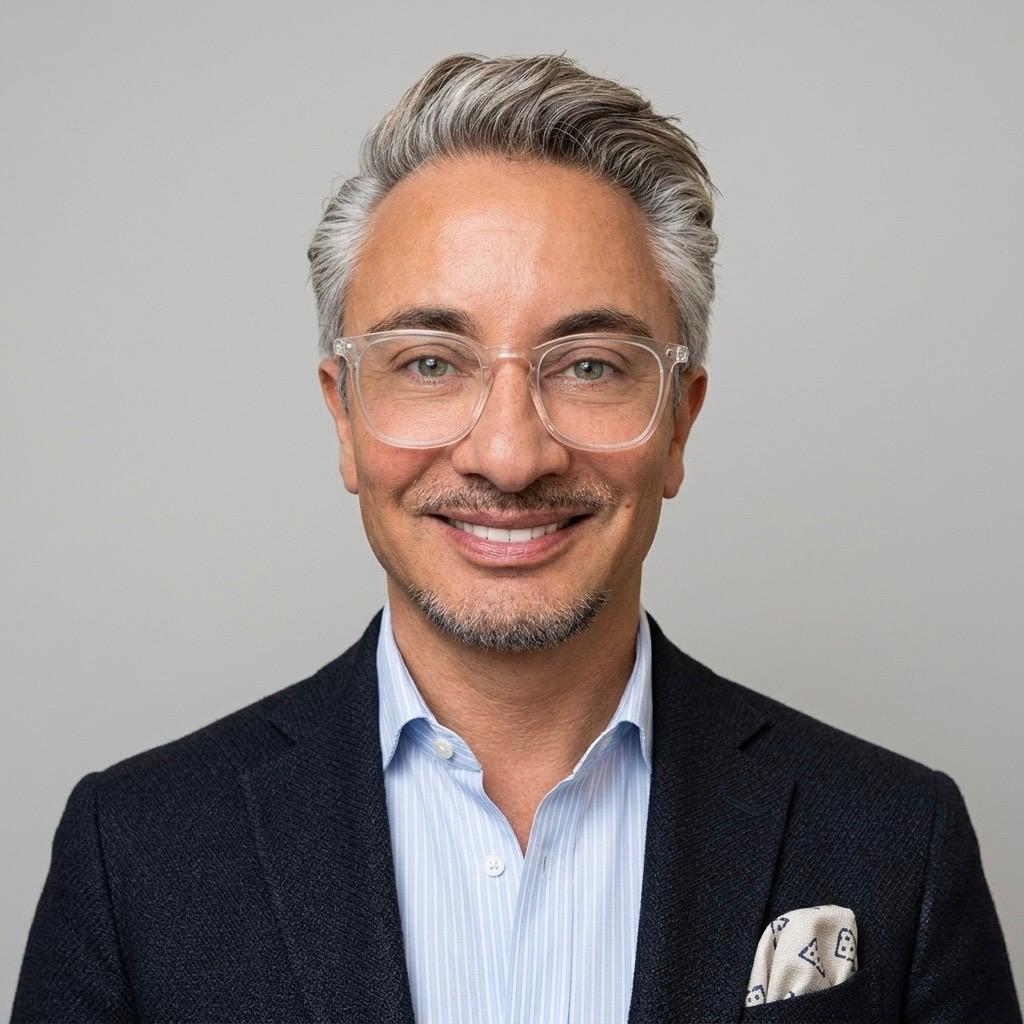 Professioneller Mann mittleren Alters mit grauem Haar, transparenter Brille und dunklem Sakko lächelt freundlich in die Kamera.